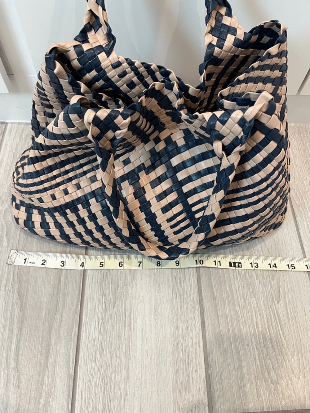 Woven Navy and Beige Tote with Beige Pouch-Magnetic Enclosure - Picture 6 of 7